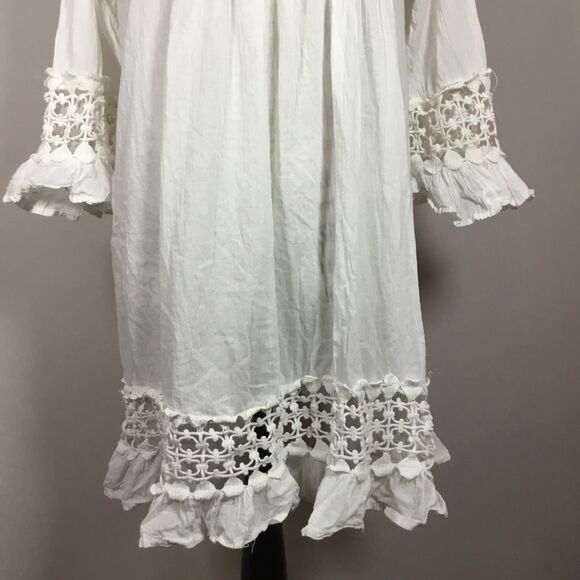 White gauzy 100% cotton tunic dress square neck crochet neck hem and cuff sz M - Picture 3 of 8